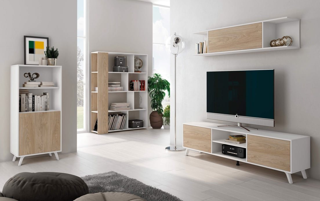 Salón con estanterias, mueble TV y estantes